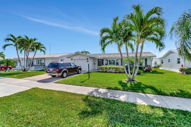 ranch-style home featuring driveway, a front lawn, and an attached garage