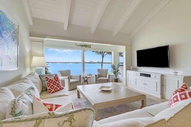 living room featuring lofted ceiling with beams