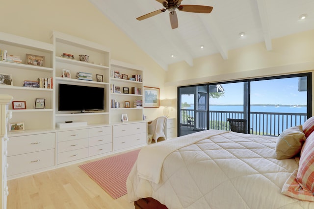 bedroom with access to exterior, beam ceiling, recessed lighting, wood finished floors, and high vaulted ceiling