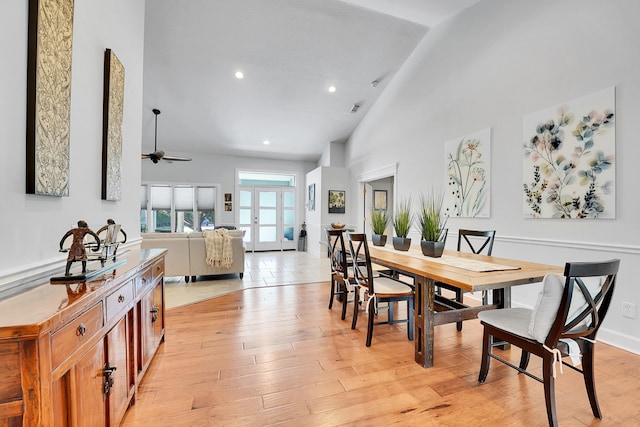 dining space featuring high vaulted ceiling, recessed lighting, ceiling fan, and light wood-style flooring