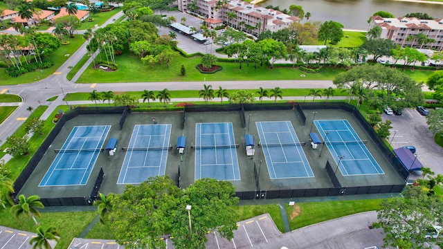 birds eye view of property featuring a water view