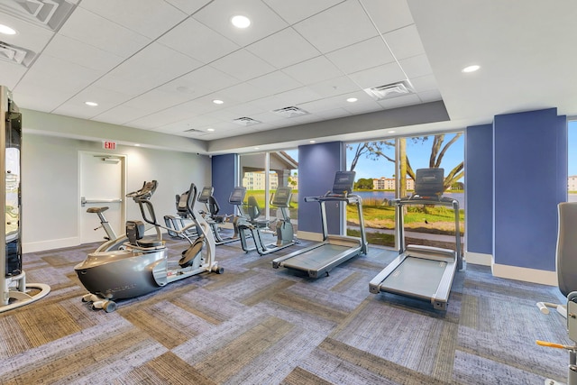 gym featuring carpet, visible vents, and baseboards