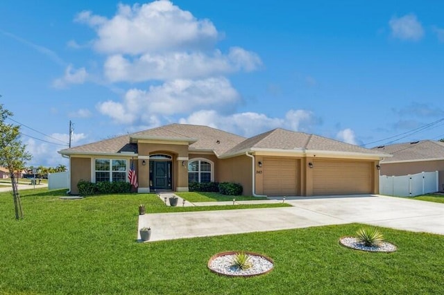 view of front of property featuring fence, driveway, an attached garage, stucco siding, and a front lawn