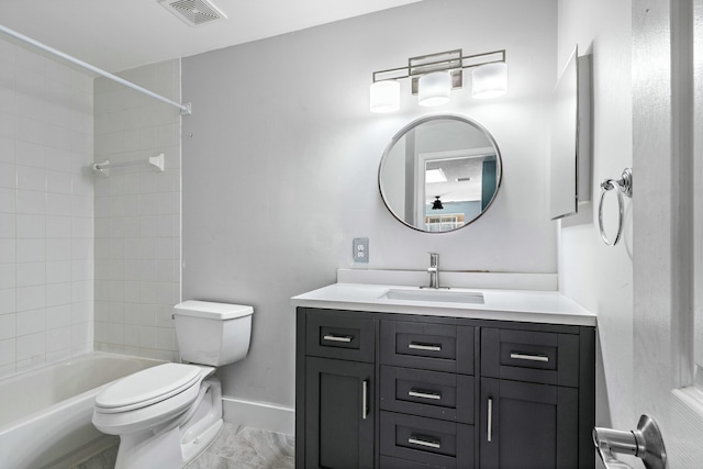 bathroom featuring vanity, baseboards, visible vents, toilet, and marble finish floor