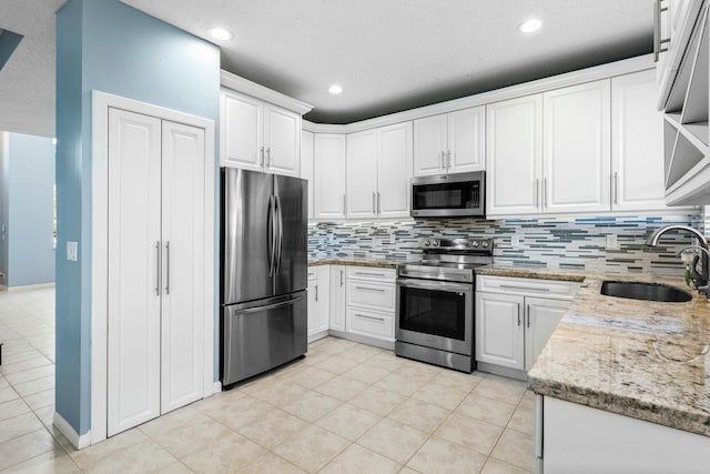 kitchen with a sink, stainless steel appliances, backsplash, and white cabinets