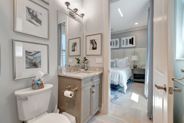 ensuite bathroom with vanity, toilet, wood finished floors, and connected bathroom