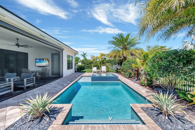 view of pool with a patio area, a fenced in pool, a ceiling fan, and a fenced backyard