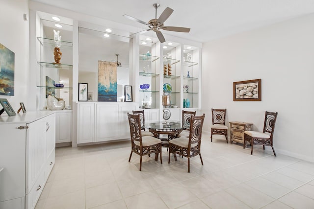 dining area featuring light tile patterned floors, recessed lighting, and ceiling fan