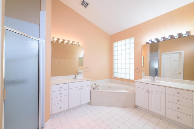 10102 Diamond Lake Rd, Boynton Beach, FL 33437 - full bath with visible vents, lofted ceiling, a stall shower, a bath, and a sink