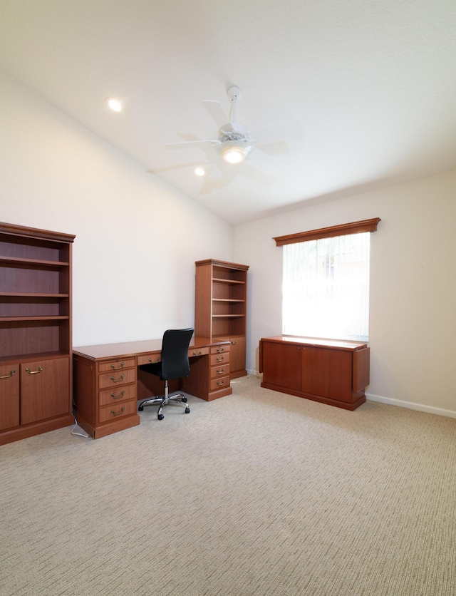 10102 Diamond Lake Rd, Boynton Beach, FL 33437 - office area featuring light carpet, recessed lighting, baseboards, and ceiling fan