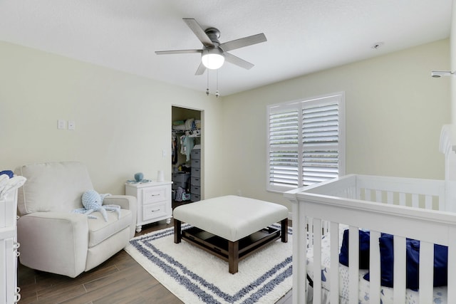 bedroom with dark wood-style floors, a closet, ceiling fan, and a spacious closet