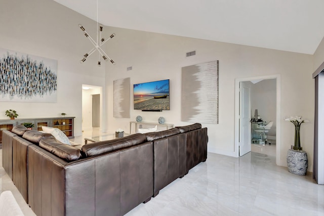181 Cape Pointe Cir, Jupiter, FL 33477 - living room with high vaulted ceiling and light marble finish flooring