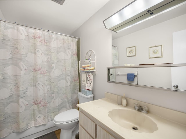 bathroom with vanity, toilet, and shower / tub combo with curtain