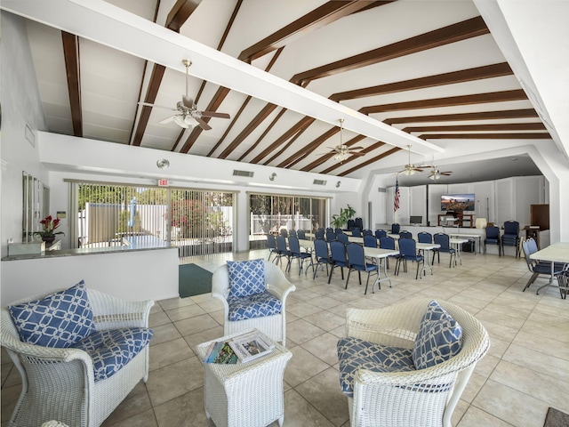 view of patio featuring a ceiling fan, outdoor dining space, and visible vents