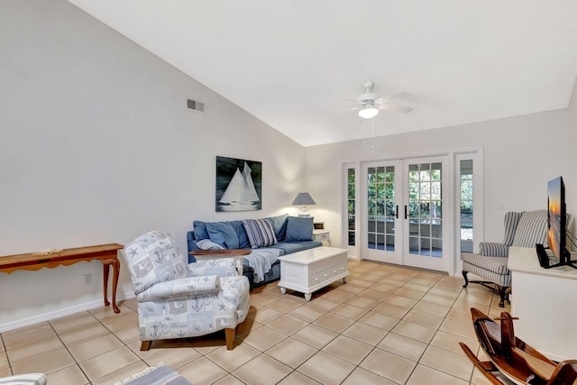 living room featuring light tile patterned floors, visible vents, lofted ceiling, ceiling fan, and french doors