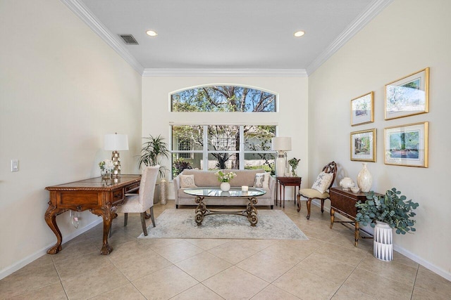 living area with ornamental molding, light tile patterned flooring, visible vents, and baseboards