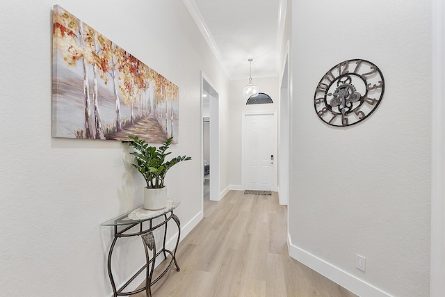 entryway with baseboards, light wood-style flooring, and crown molding