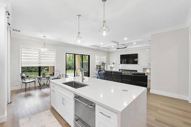 kitchen with ceiling fan, ornamental molding, light wood-style floors, and a sink