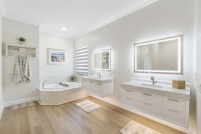 bathroom with two vanities, a sink, wood finished floors, crown molding, and a bath