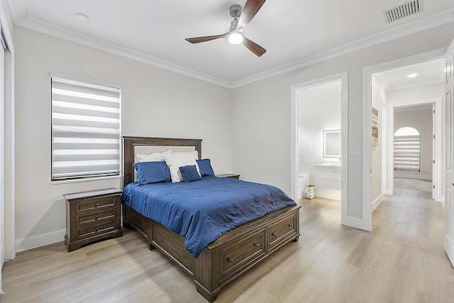 bedroom featuring baseboards, visible vents, ornamental molding, ensuite bathroom, and light wood-type flooring