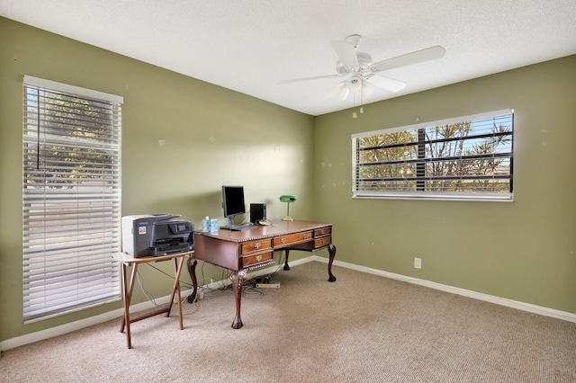 office area featuring carpet flooring, a healthy amount of sunlight, a textured ceiling, and baseboards