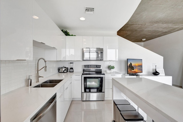 kitchen featuring visible vents, modern cabinets, a sink, appliances with stainless steel finishes, and white cabinets