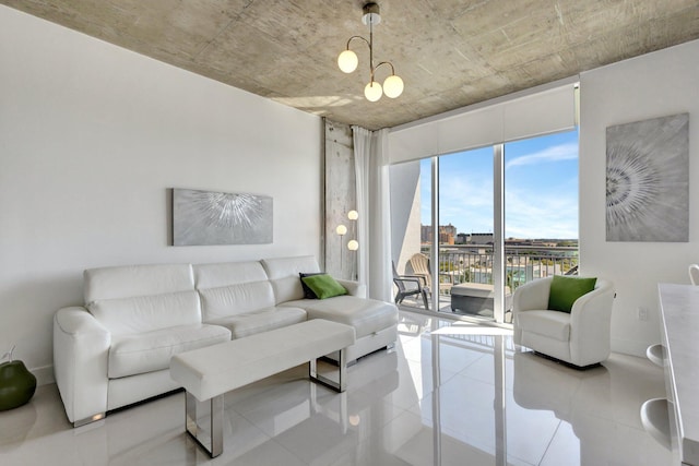 living area featuring tile patterned floors and floor to ceiling windows