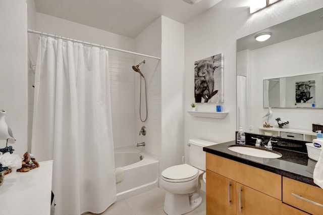 full bath with vanity, tile patterned floors, toilet, and shower / bath combo with shower curtain