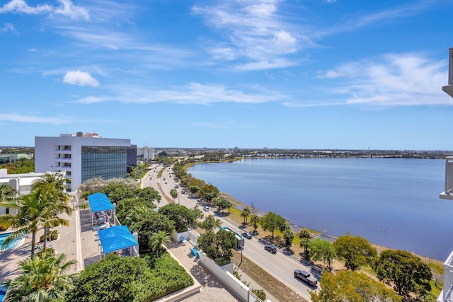 drone / aerial view featuring a water view