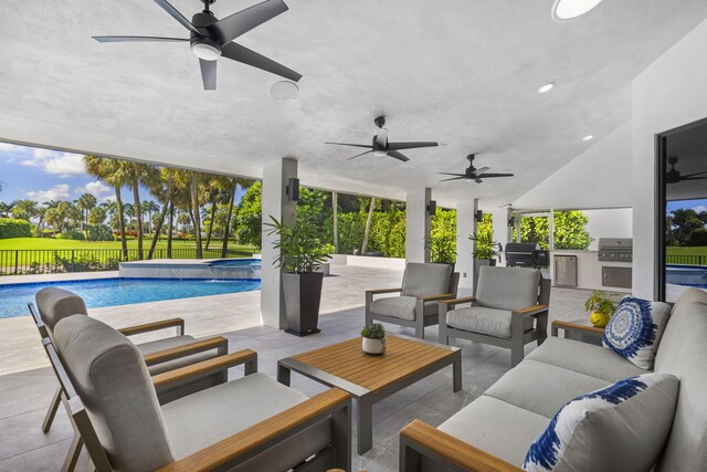 view of pool featuring an outdoor living space, a fenced in pool, fence, a patio area, and a ceiling fan