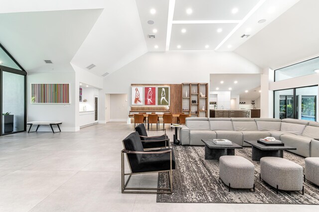 dining room with recessed lighting, visible vents, and high vaulted ceiling