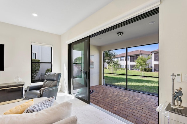 living room with recessed lighting