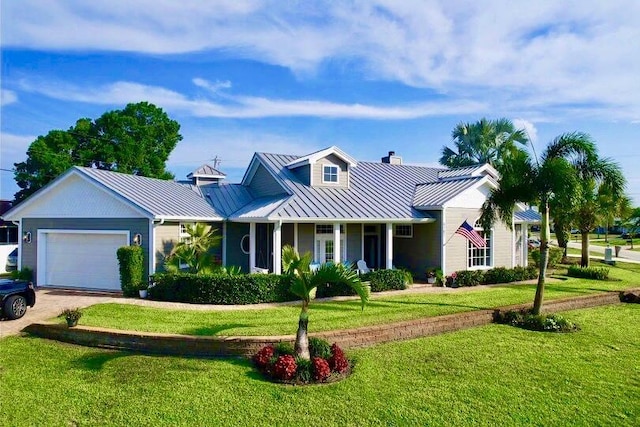 view of front of house with driveway, metal roof, an attached garage, a standing seam roof, and a front lawn