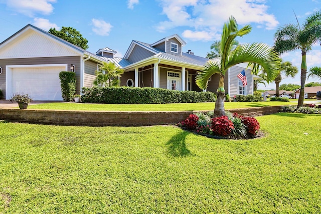 view of front of house featuring a garage, metal roof, and a front yard