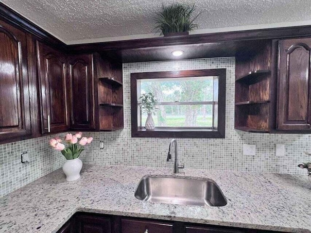 kitchen with a sink, dark brown cabinets, and open shelves