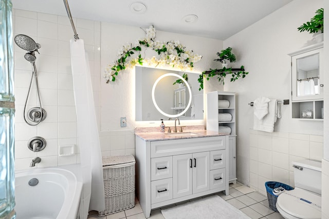 bathroom featuring shower / tub combo, tile walls, and tile patterned floors