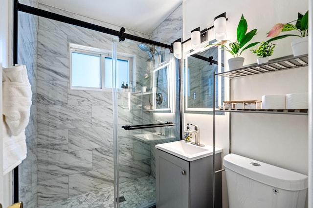 full bathroom featuring toilet, a stall shower, and vanity