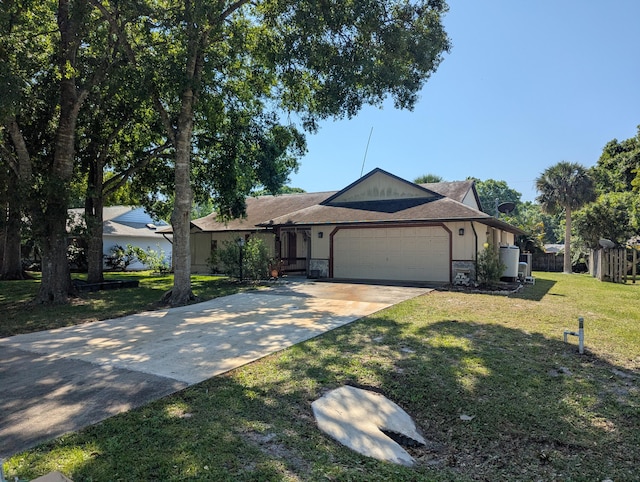 ranch-style home featuring driveway, a garage, fence, a front lawn, and stone siding