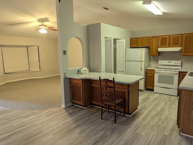 kitchen with a ceiling fan, vaulted ceiling, light countertops, under cabinet range hood, and white appliances