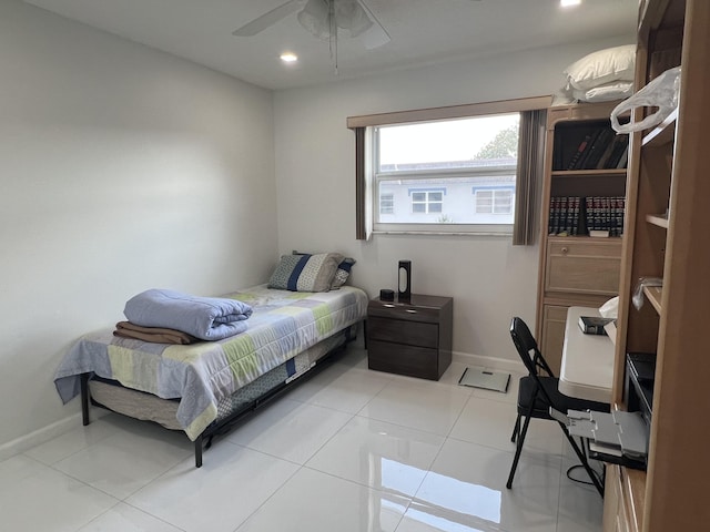 bedroom with recessed lighting, ceiling fan, baseboards, and light tile patterned floors