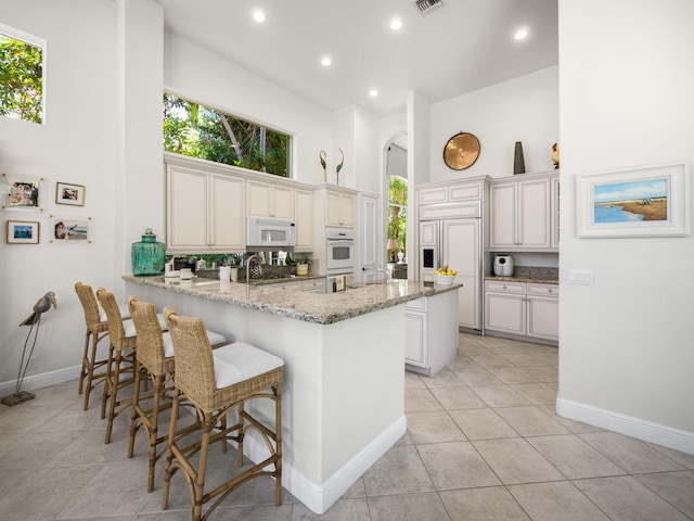 kitchen with light stone countertops, a wealth of natural light, a peninsula, a towering ceiling, and white appliances