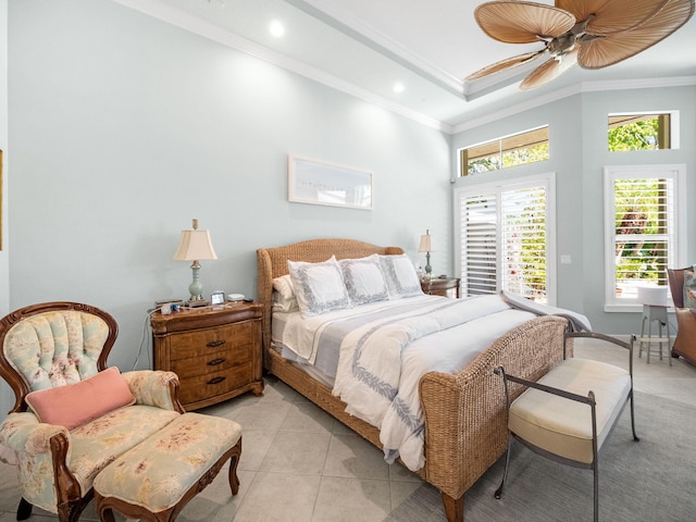 bedroom with light tile patterned floors, a ceiling fan, baseboards, recessed lighting, and crown molding