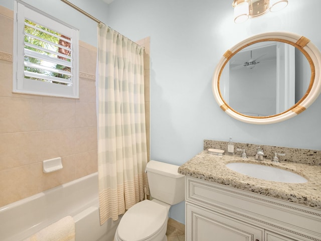 full bath with vanity, toilet, and shower / tub combo