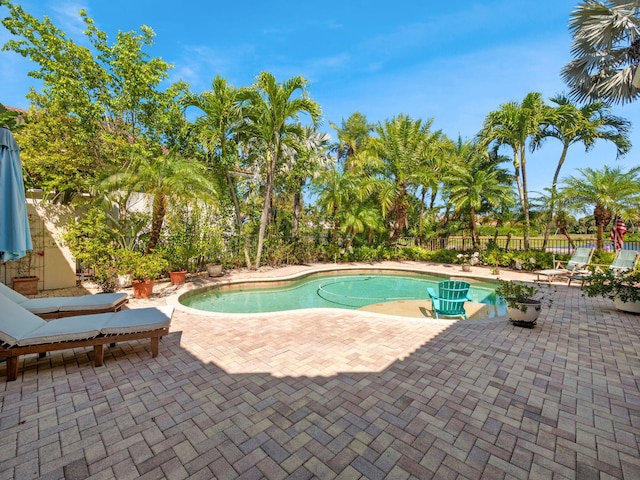 view of swimming pool featuring a patio, fence, and a fenced in pool