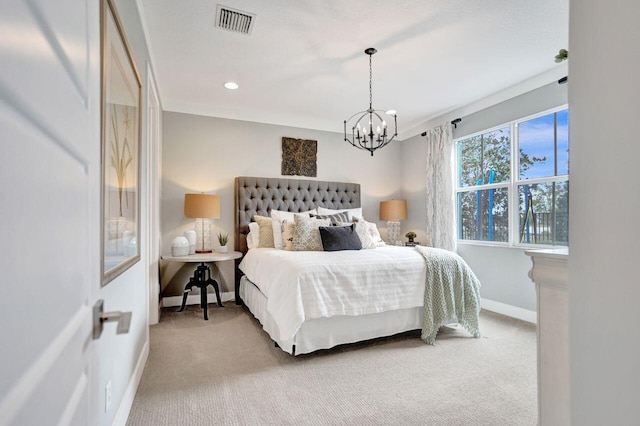 carpeted bedroom with recessed lighting, visible vents, baseboards, and a chandelier