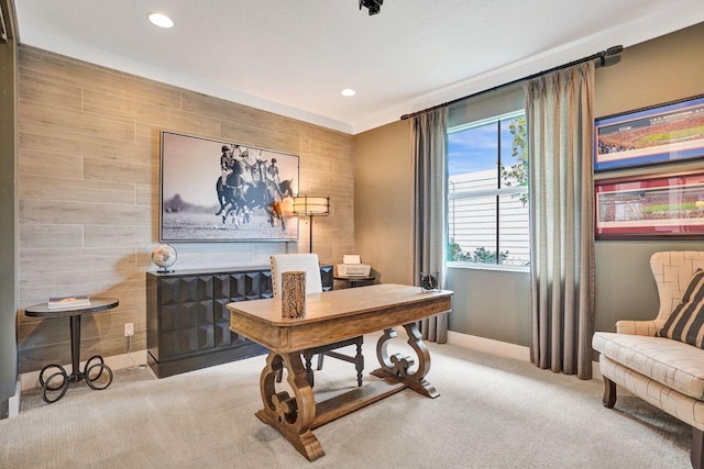 carpeted office featuring recessed lighting and baseboards