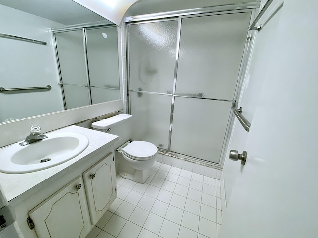 bathroom featuring tile patterned floors, a shower stall, vanity, and toilet