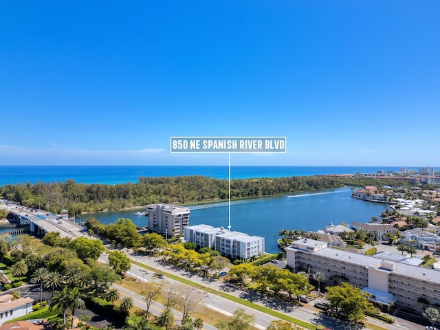 bird's eye view with a water view