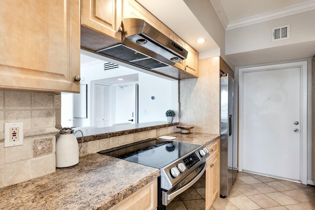 kitchen featuring visible vents, appliances with stainless steel finishes, crown molding, light brown cabinetry, and under cabinet range hood