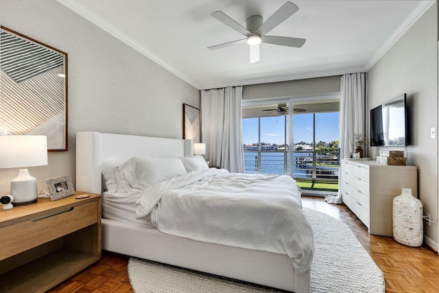 bedroom with a ceiling fan, access to outside, and crown molding